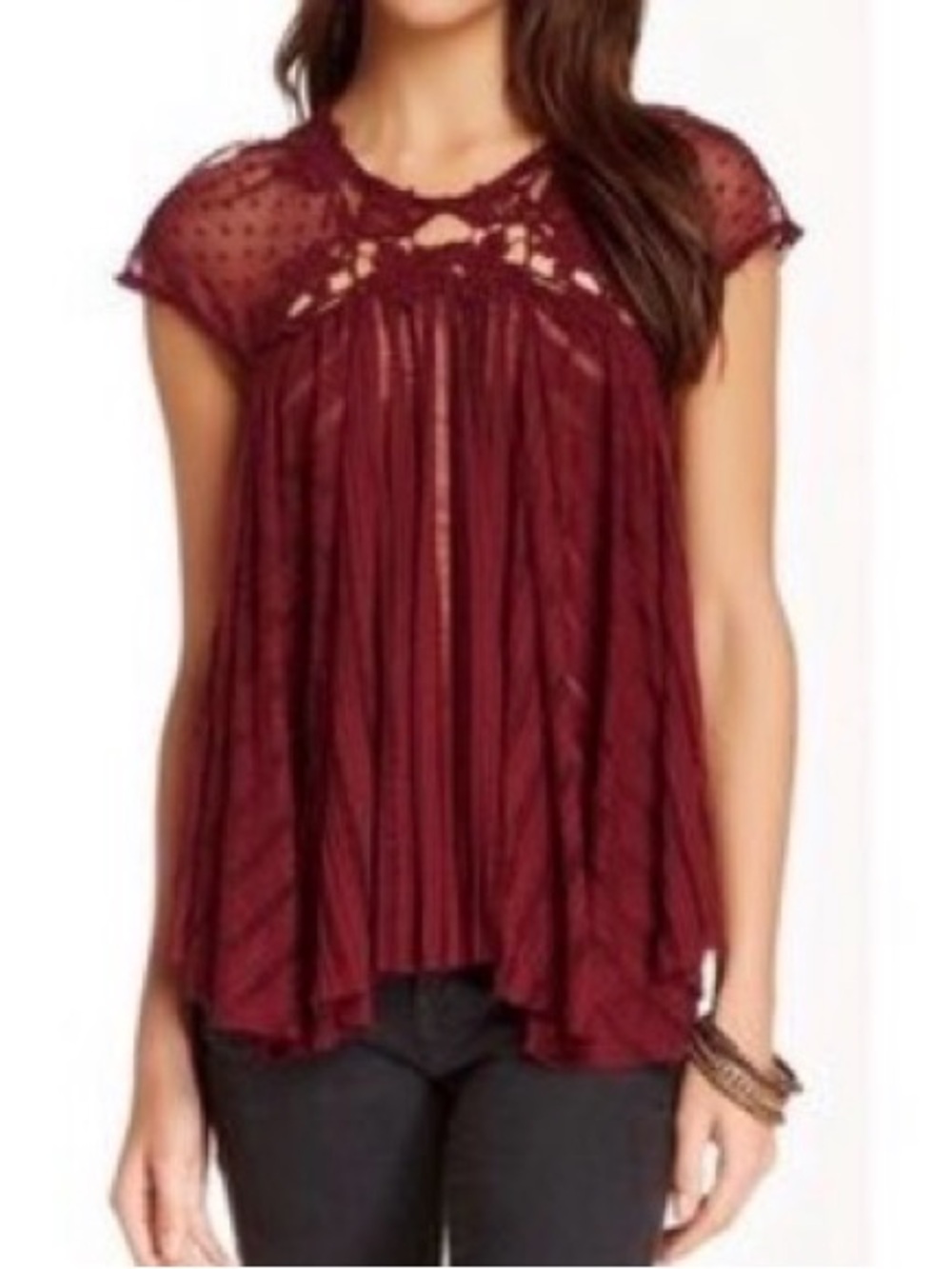 Free People Wine Burgundy Floral Crochet Swing Top
